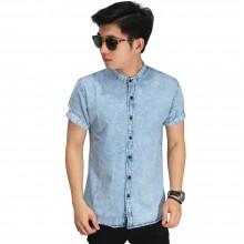 Kemeja Denim Pendek Grandad Collar Light Blue