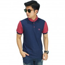 Polo Shirt Grandad Collar Navy Sleeve Peach