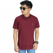 Kemeja Pendek Grandad Collar Basic Maroon