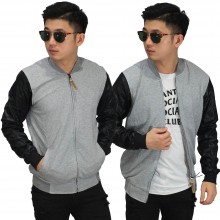 Jaket Bomber Sleeve Leather Soft Grey