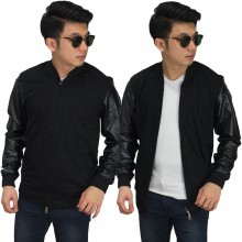 Jaket Bomber Sleeve Leather Black