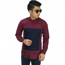 Kemeja Grandad Square Block Maroon