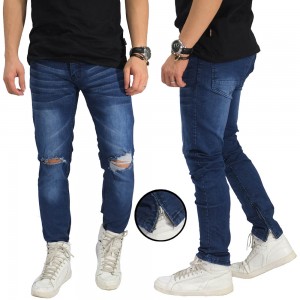 Jeans Knee Rips With Ankle Zip Dark Blue