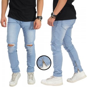 Jeans Knee Rips With Ankle Zip Soft Blue