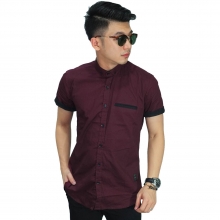 Kemeja Pendek Pocket List Dark Maroon