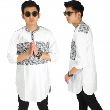 Baju Muslim Kurta Gamis 3/4 Kombinasi Motif Putih