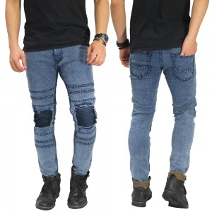 Jeans Ripped With Biker Patch Snow Wash Blue