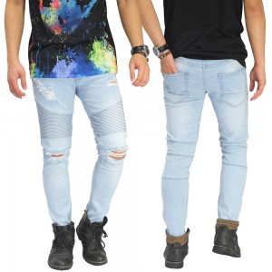 Biker Jeans Thigh And Knee Rips Soft Blue