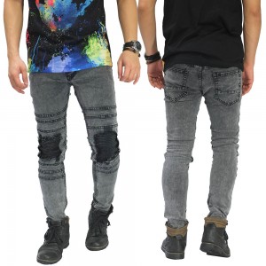 Jeans Ripped With Biker Patch Snow Wash Grey