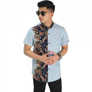 Kemeja Pendek Grandad Half Batik Combination Soft Blue