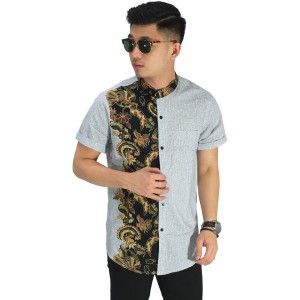 Kemeja Pendek Grandad Half Batik Combination Soft Grey
