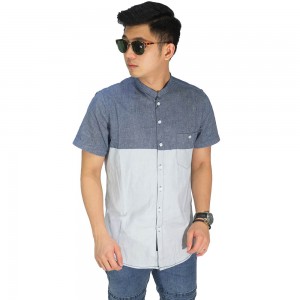 Kemeja Pendek Grandad Two Tone Dark Blue and Soft Grey