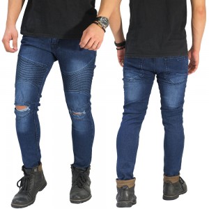 Biker Jeans Ripped On Knee Dark Blue