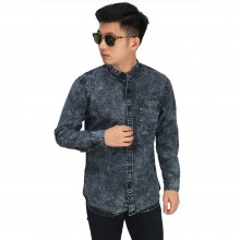 Kemeja Denim Grandad Collar Black Faded Washed