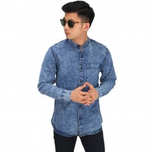 Kemeja Denim Grandad Collar Dark Blue Washed