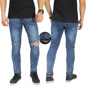 Jeans Knee Ripped Raw Frayed Hem Blue