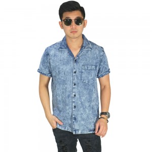 Kemeja Pendek Denim Revere Collar Washed Blue