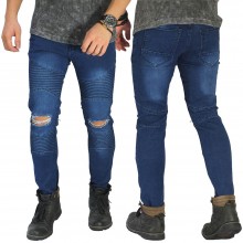 Biker Jeans Extend Knee Ripped Dark Blue