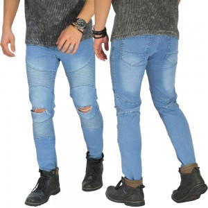 Biker Jeans Extend Knee Ripped Soft Blue