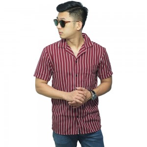 Kemeja Pendek Revere Collar Monochrome Stripe Maroon