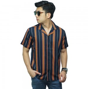 Kemeja Pendek Revere Collar Track Stripe Navy