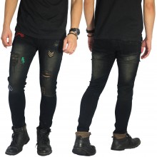Jeans Ripped With Embroidery Patch Black Faded