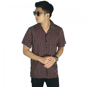Kemeja Pendek Revere Collar Triple Stripes Black Red