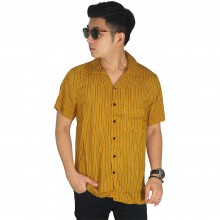 Kemeja Pendek Revere Collar Triple Stripe Mustard White