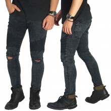Biker Jeans Ripped On Knee Black Faded