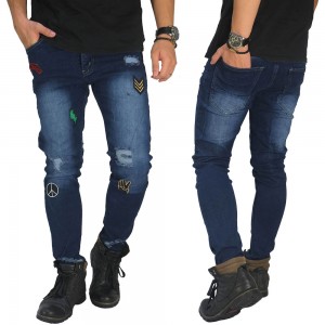 Jeans Ripped With Embroidery Patch Dark Blue