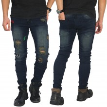 Jeans Ripped With Embroidery Patch Dark Indigo