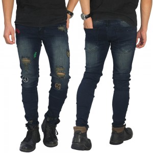 Jeans Ripped With Embroidery Patch Dark Indigo
