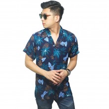 Kemeja Pendek Revere Collar Hawaii Coconut Tree Navy
