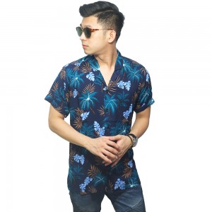 Kemeja Pendek Revere Collar Hawaii Coconut Tree Navy