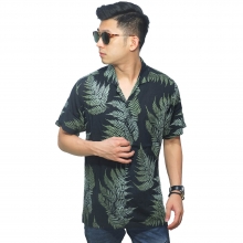 Kemeja Pendek Revere Collar Hawaii Leaf Black