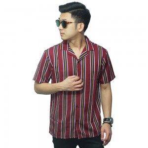 Kemeja Pendek Revere Collar Blocking Stripe Maroon