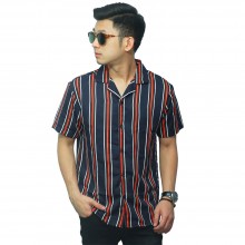 Kemeja Pendek Revere Collar Blocking Stripe Navy