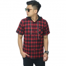 Kemeja Pendek Flanel Hoodie Tartan Red