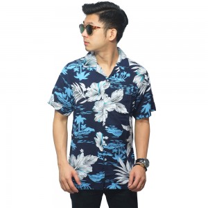 Kemeja Pendek Revere Collar Hawaii Floral Island Navy