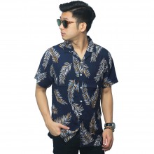 Kemeja Pendek Revere Collar Hawaii Leaf Navy