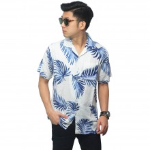 Kemeja Pendek Revere Collar Hawaii Leaf White