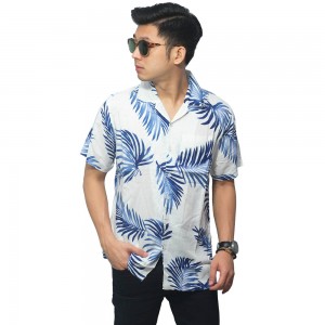 Kemeja Pendek Revere Collar Hawaii Leaf White