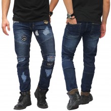 Biker Jeans Destroyed With Emblem Dark Blue