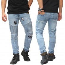 Biker Jeans Destroyed With Emblem Soft Blue