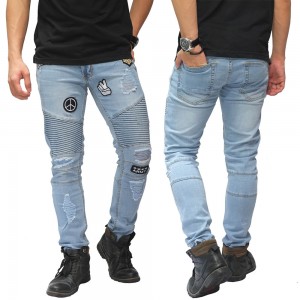 Biker Jeans Destroyed With Emblem Soft Blue