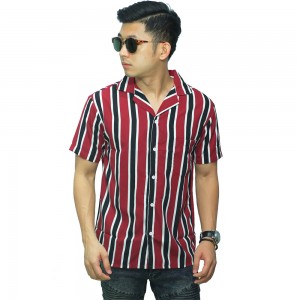 Kemeja Pendek Revere Collar Double Block Stripe Maroon