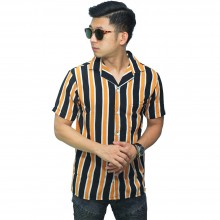 Kemeja Pendek Revere Collar Double Block Stripe Mustard