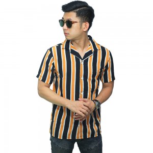 Kemeja Pendek Revere Collar Double Block Stripe Mustard