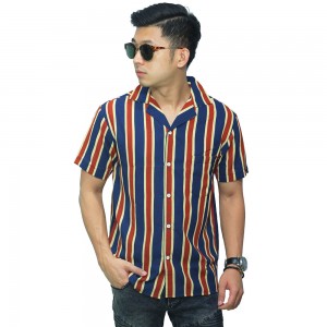 Kemeja Pendek Revere Collar Double Block Stripe Navy
