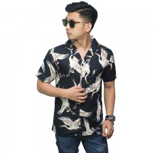 Kemeja Pendek Revere Collar Heron Bird Black